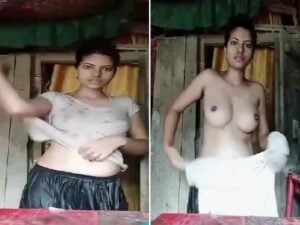 slim village girl striptease after bath nude